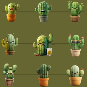 Op de afbeelding: Negen cartoon-cactussen in potten met verschillende gezichtsuitdrukkingen. De cactussen zijn groen en hebben stekels. De potten zijn bruin en hebben een textuur.