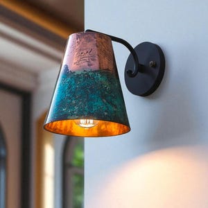Patina copper wall sconce light – flared conical copper shade – artisan indoor outdoor rustic modern wall lamp fixture