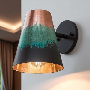 Handmade Copper Wall Sconce with Patina Finish - Conical Shade Indoor Outdoor Light - Rustic Modern Artisan Fixture