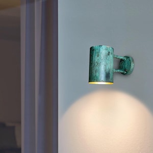 Oxidized copper lights , Handmade Copper Patina Cylinder Light Outdoor copper sconce lights , Modern Green Wall Lamp Rustic Outdoor Lighting