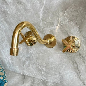 Handcrafted Unlacquered Brass Wall Mounted Bathroom Faucet | Elegant Vanity Fixture | Moroccan Artisan-Made