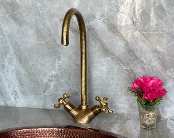 Hammered Brass Bathroom Faucet Gooseneck Single Hole Unlacquered Moroccan Sink Tap