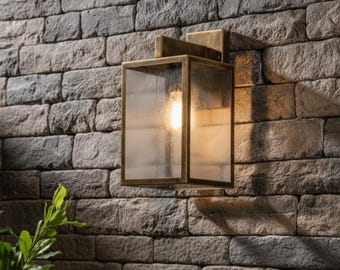 Antike Messing Wandleuchte - Rechteckige Glaskasten Laterne - Moderne Bauernhaus Außenleuchte - Industrielle Eingangsleuchte - Flur Lampe