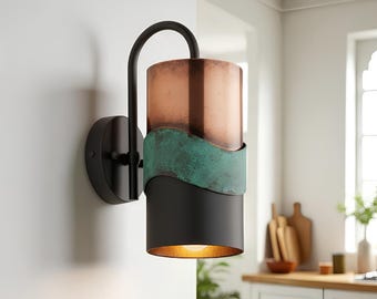 Handmade oxidized copper wall sconce with green patina detail - rustic green modern cylinder light for indoor outdoor architectural lighting