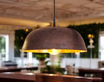 Handmade Hammered Copper Dome Pendant Light | Rustic Industrial Hanging Lamp / Kitchen Island Light  Farmhouse Lighting