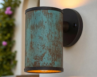 Oxidized copper wall sconce with rustic patina finish - Handcrafted modern cylinder light for indoor outdoor use - Farmhouse Wall Sconce
