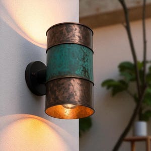 Rustic hammered copper wall sconce with green patina center band - dual light or bottom light cylinder for indoor outdoor lighting