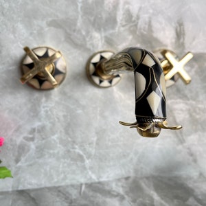 Unlacquered Brass Wall Mounted Faucet For Bathroom, Wall Mount Resin Bones Conception Bathroom Faucets With Flat Cross Handles