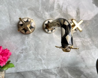 Unlacquered Brass Wall Mounted Faucet For Bathroom, Wall Mount Resin Bones Conception Bathroom Faucets With Flat Cross Handles