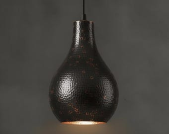 Artisanal Hand-Hammered Black Copper Teardrop Pendant – Luxury Industrial Statement Lighting for Designer Kitchens & High-End Homes