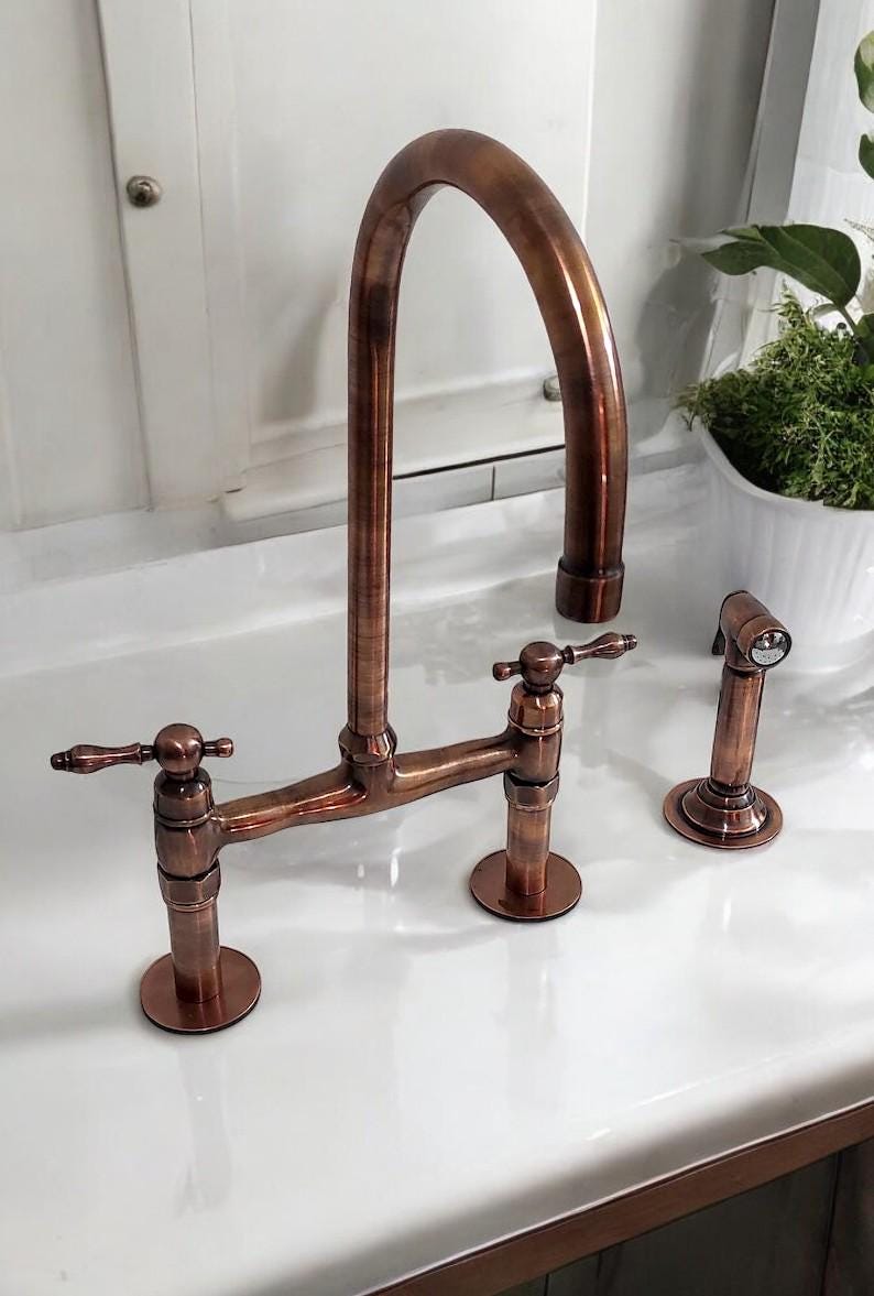 Copper Bridge Faucet Kitchen With Linear Legs, Copper Tap With Sprayer ...