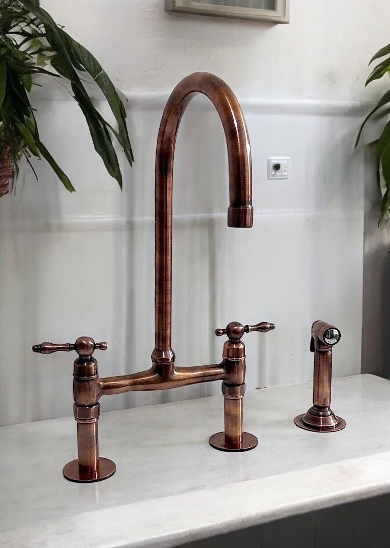 Copper Bridge Faucet Kitchen With Linear Legs, Copper Tap With Sprayer ...