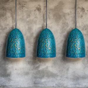 Set of 3 Oxidized Copper Hammered Pendant Lamps with Green-Blue Patina for kitchen island hanging lamp ,light fixture.
