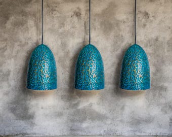 Set of 3 Oxidized Copper Hammered Pendant Lamps with Green-Blue Patina for kitchen island hanging lamp ,light fixture.