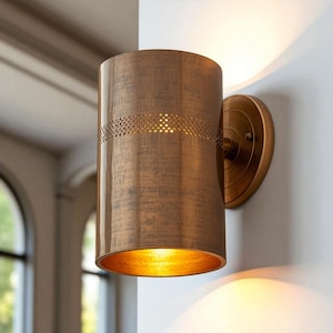 Antique brass wall sconce light – modern cylindrical wall lamp – perforated brass indoor outdoor architectural lighting fixture