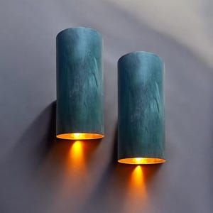 Set of 2 oxidized copper lights , Handmade Copper Patina Cylinder Light Outdoor copper sconce lights Green Wall Lamp Rustic Outdoor Lighting