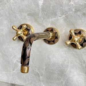 Wall Mounted Bathroom Vanity Faucet, Unlacquered Brass Wall Mount Resin Bones Conception Plate Bathroom Faucets With Simple Cross Handles