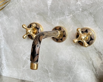 Wall Mounted Bathroom Vanity Faucet, Unlacquered Brass Wall Mount Resin Bones Conception Plate Bathroom Faucets With Simple Cross Handles