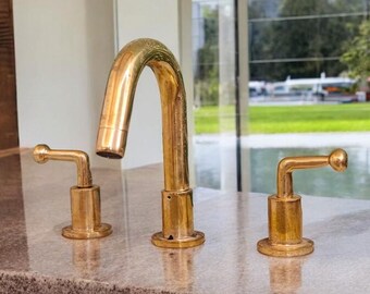 Antique Brass Vanity 3 Hole Faucet, Solid Brass Deck Mounted Bathroom Faucet, Bathroom Sink Faucet