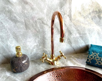 Copper Brass Gooseneck Faucet Kitchen Bathroom Mixer Cross Handle Single Hole Unlacquered Tap