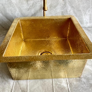 Handmade Hammered Brass Kitchen Sink | Unlacquered Moroccan Square Farmhouse Sink | Rustic Copper Vessel Basin