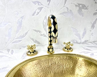Unlacquered Brass  Faucet and sink  Studded With Resin and Bone ,  hammered Brass Drop-in Sink  gold Bathroom Faucet, free pop up included.