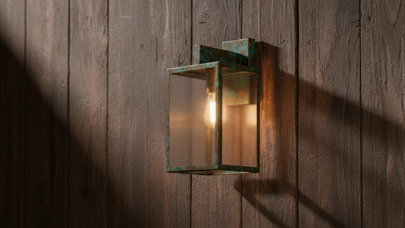 Verdigris Brass Wall Sconce - Antique Patina Box Lantern - Rustic…