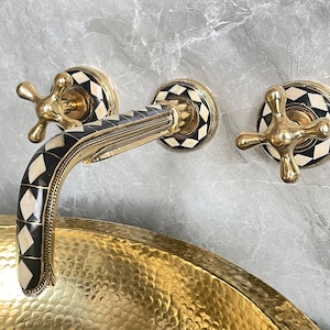 Unlacquered Brass Wall Faucet Handcrafted Bone and Resin Embellished Brass Wall Faucet