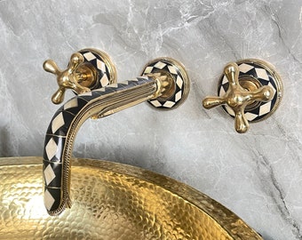 Unlacquered Brass Wall Faucet Handcrafted Bone and Resin Embellished Brass Wall Faucet