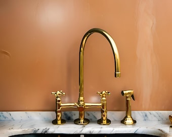 Brass Kitchen 3 Hole Faucet, Unlacquered Solid Brass Kitchen Faucet, Handmade Brass Sink Faucet, Antique Brass Kitchen Faucet