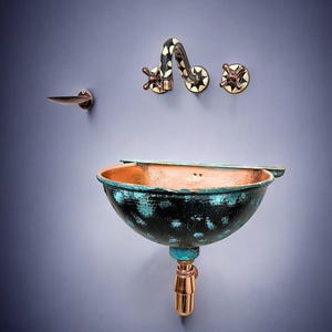 oxidized copper wall mounted bathroom sink - blue patina copper basin with wall mounted faucet for stylish interiors - Floating Wash Basin