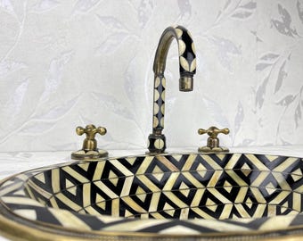 Unlacquered Brass  Faucet and sink  Studded With Resin and Bone , Brass Drop-in Sink Brass  bronze Bathroom Faucet, free pop up included.