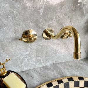 Grifos de baño montados en la pared de latón sin lacar con válvula mezcladora fría y caliente, grifo vintage, grifo de cocina de latón, grifo de baño dorado
