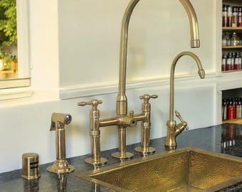Unlacquered Brass Bridge Kitchen Faucet Set with Filter & Sprayer - 3 Hole Tap - 8" Spread - Brass Air Gab