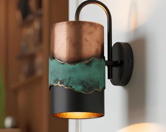 Handmade Copper Wall Sconce - Green Patina Outdoor Indoor Light Fixture - Rustic Modern Architectural Lighting