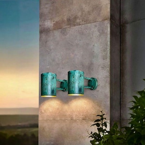 Set of 2 oxidized copper lights , Handmade Copper Patina Cylinder Light Outdoor copper sconce lights Green Wall Lamp Rustic Outdoor Lighting