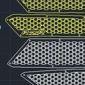 May include: A collection of geometric designs, featuring a honeycomb pattern, in white and yellow. The designs are outlined in white and include the text "RZR". The background is a dark blue.