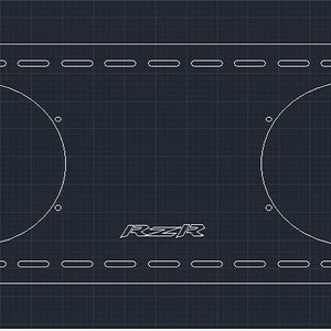 May include: A blueprint-style illustration of a rectangular panel with two large circular cutouts. The panel has evenly spaced rectangular holes along the top and bottom edges. The word "RZR" is centered between the circles.