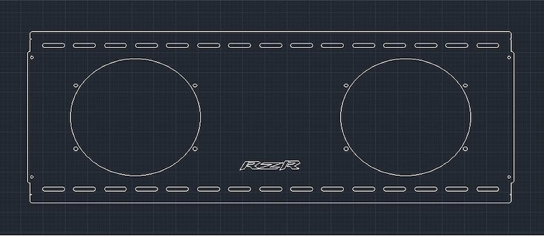 May include: A blueprint-style illustration of a rectangular panel with two large circular cutouts. The panel has evenly spaced rectangular holes along the top and bottom edges. The word "RZR" is centered between the circles.