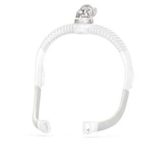 May include: A clear, flexible CPAP mask frame with a curved design. The frame features a ribbed hose and soft, gray fabric at the contact points. The mask includes a swivel connector and is designed to fit around the face.