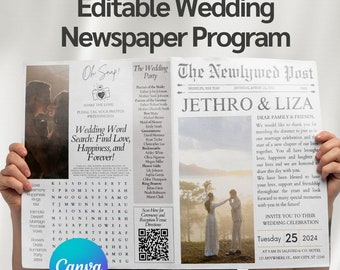 Editable Wedding Newspaper Program | Printable Wedding Timeline, Folded Wedding Day Program, Wedding Word Search Canva Template Wedding 1