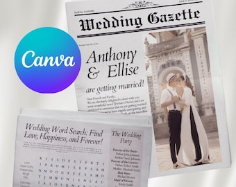 Editable Wedding Newspaper Program | Printable Wedding Timeline, Folded Wedding Day Program, Wedding Word Search Canva Template Wedding