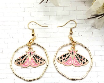 Pink and Gold Moth Hoop Earrings