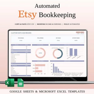 Könnte beinhalten: Ein Laptop-Bildschirm mit einem automatisierten Etsy-Buchhaltungs-Dashboard. Der Bildschirm zeigt Finanzdaten, Diagramme und Grafiken. Der Text auf dem Bildschirm enthält "Gesamtumsatz", "Gesamtausgaben" und "Nettoeinkommen". Der Text "Automated Etsy Bookkeeping" ist ebenfalls sichtbar.