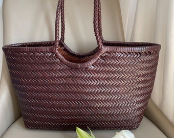 Handwoven Tote Bag, Leather Tote Bag, Woven Underarm Bag, Women's Commuter Bag, Summer Bag