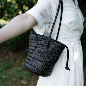 Leather Shoulder Bag, Genuine Leather Underarm Bag, Handmade Woven Small Tote Bag Black
