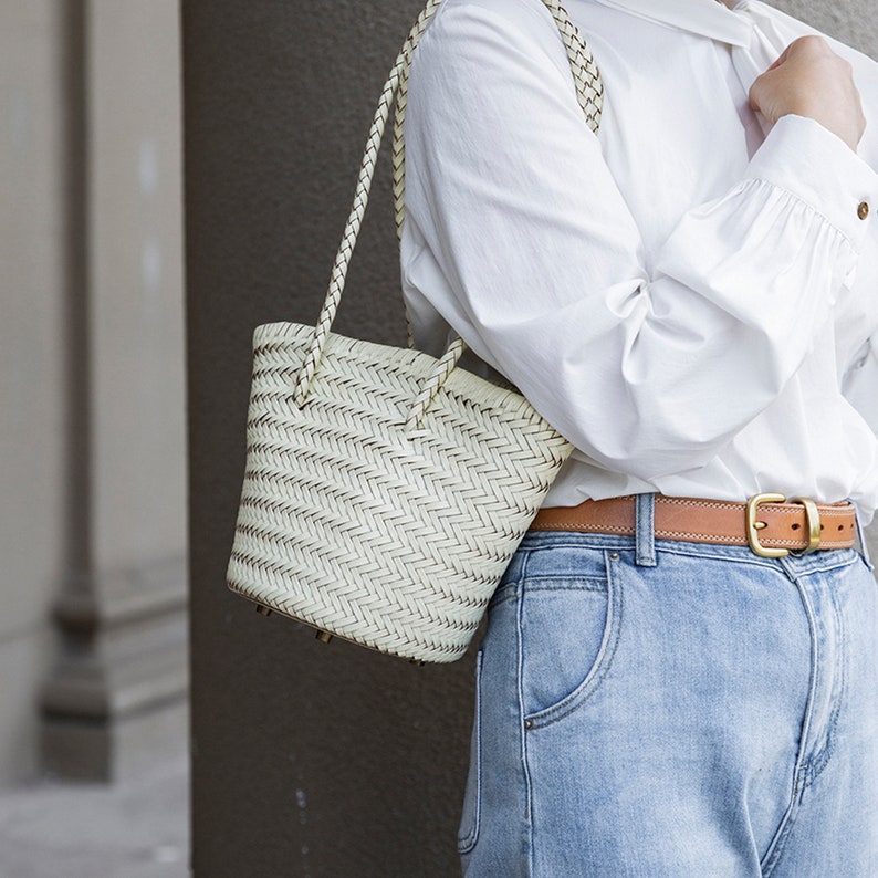 Leather Shoulder Bag, Genuine Leather Underarm Bag, Handmade Woven Small Tote Bag White