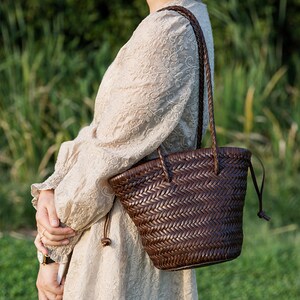 Leather Shoulder Bag, Genuine Leather Underarm Bag, Handmade Woven Small Tote Bag Coffee