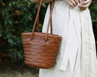 Leather Shoulder Bag, Genuine Leather Underarm Bag, Handmade Woven Small Tote Bag