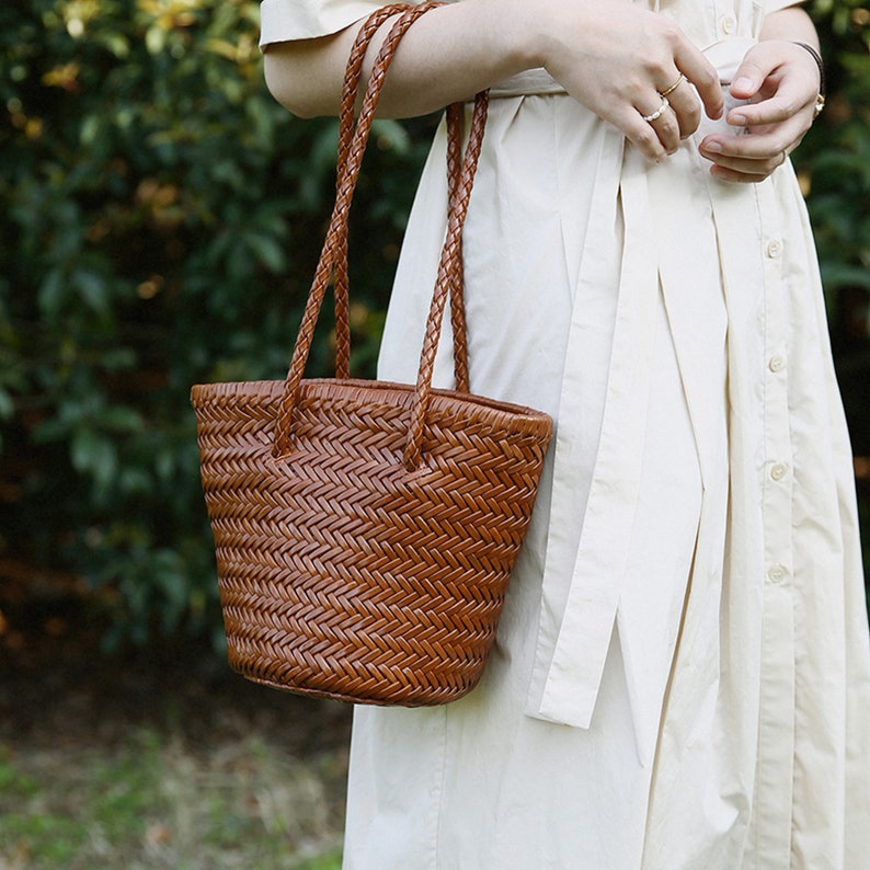 Leather Shoulder Bag, Genuine Leather Underarm Bag, Handmade Woven Small Tote Bag Brown